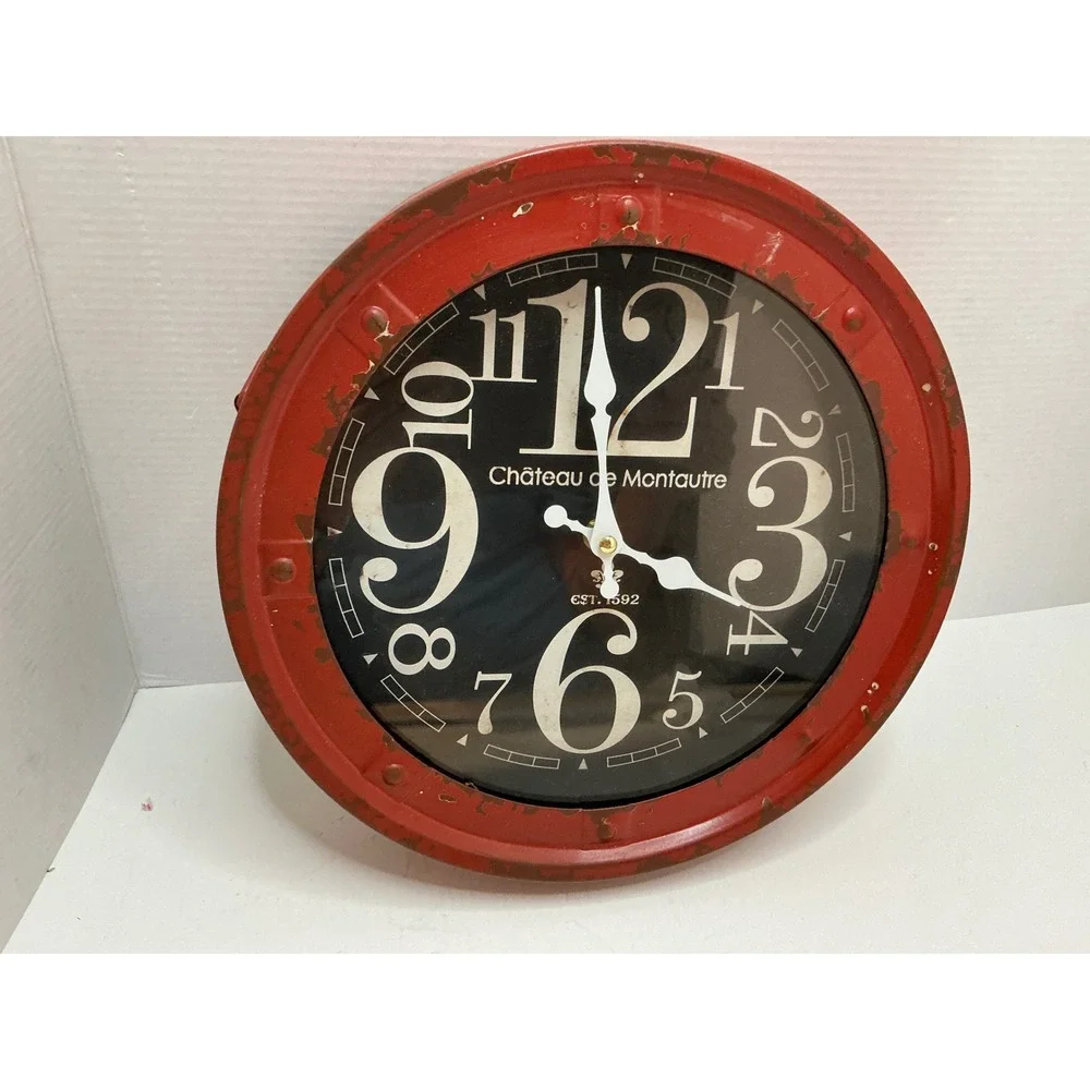 Chateau de Montautre Wall Clock Distressed Red Metal Industrial Farmhouse 12in